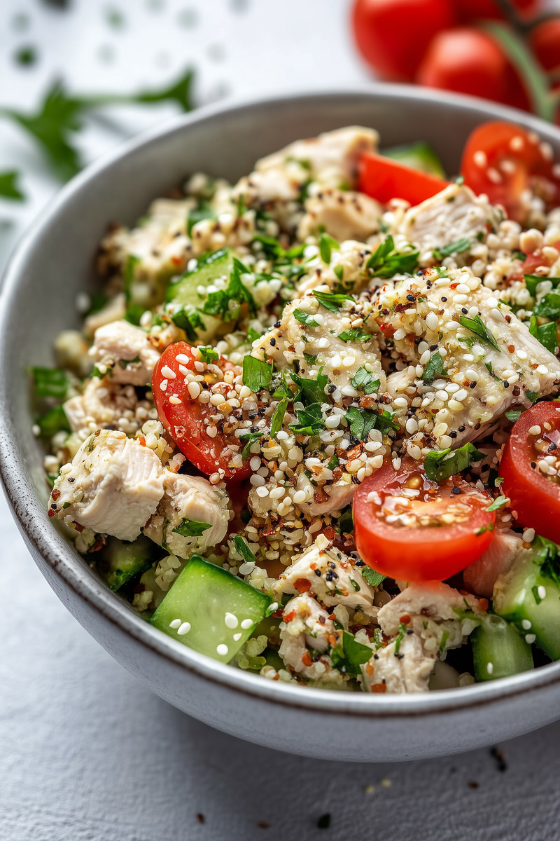 Bowl cu legume, pui si seminte de canepa